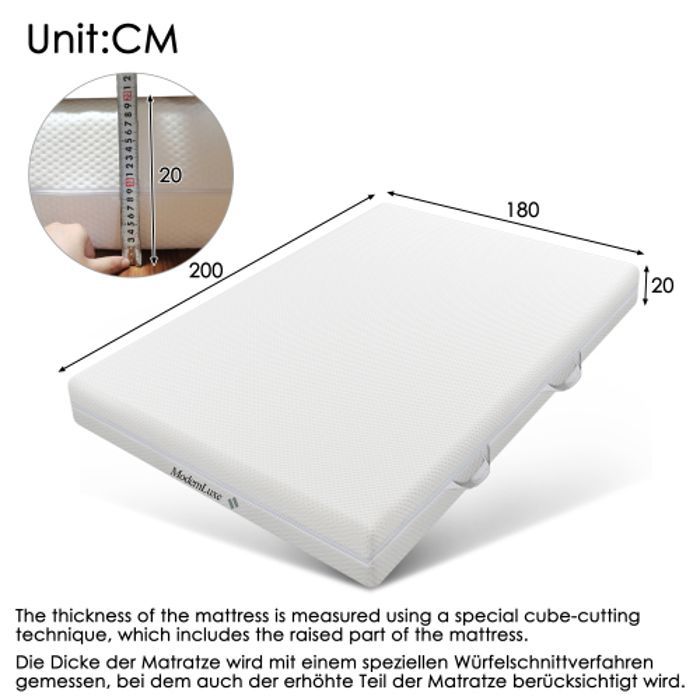 Colchón MUVOE - 180x200 cm - Espuma de alta resiliencia - 20 cm de grosor - Ergonómico H2/H3