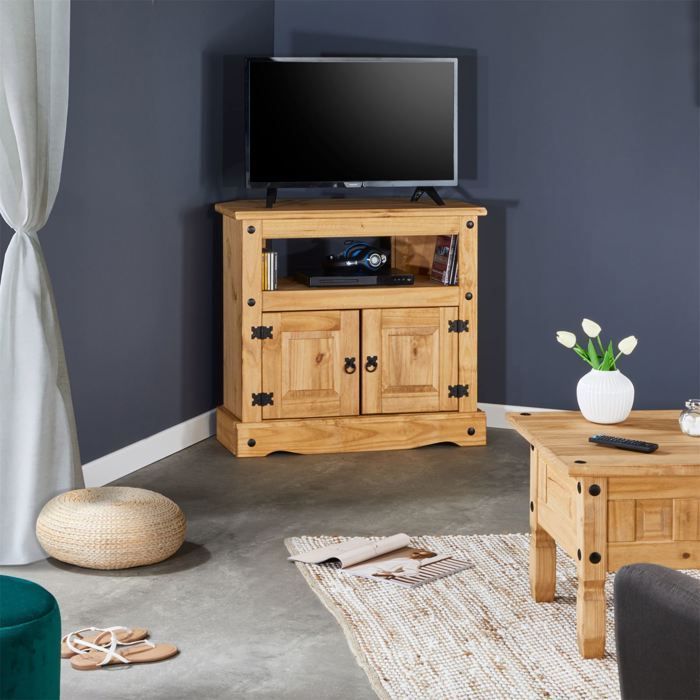 Mueble para TV SALSA, 85 cm de ancho, en madera maciza marrón con 2 puertas y un nicho, mueble de salón de estilo mexicano