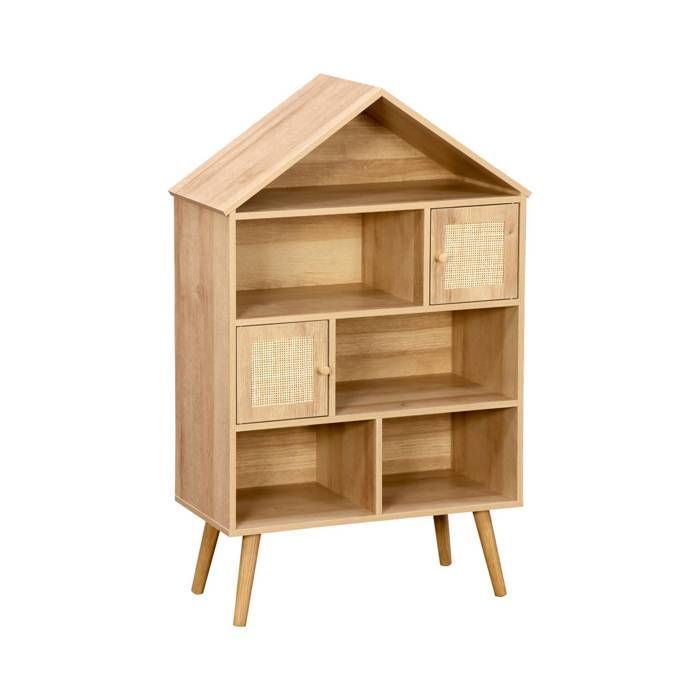 Librería de estilo bohemio con detalles de madera y mimbre, 7 compartimentos, 2 puertas.