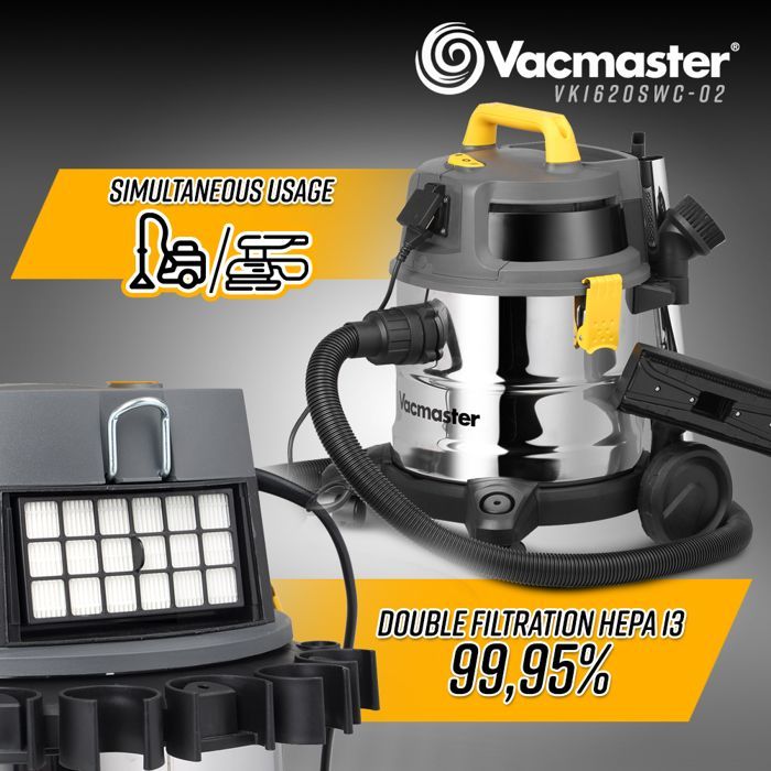 Wet and dry vacuum cleaner 1600W - 20L stainless steel - 27 kPa with integrated power outlet