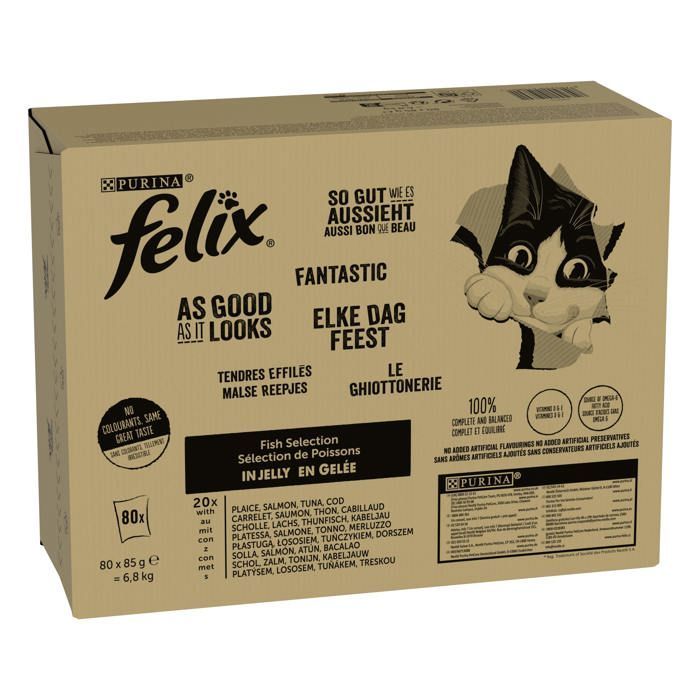 FELIX Petiscos Delicados em Gelatina - Seleção Mista de Atum, Bacalhau, Salmão e Solha - 80x85g - Sachês de Frescor para Gatos Adultos