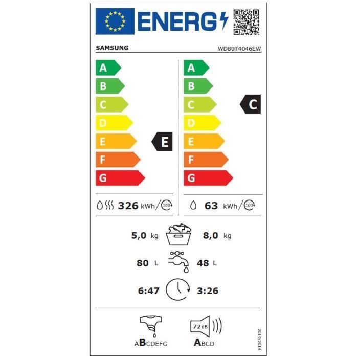 Lave-linge séchant SAMSUNG Ecobubble™ WD80T4046EW/EF - 8 / 5 kg - Induction - 1400 trs/min - Programme Vapeur - Blanc