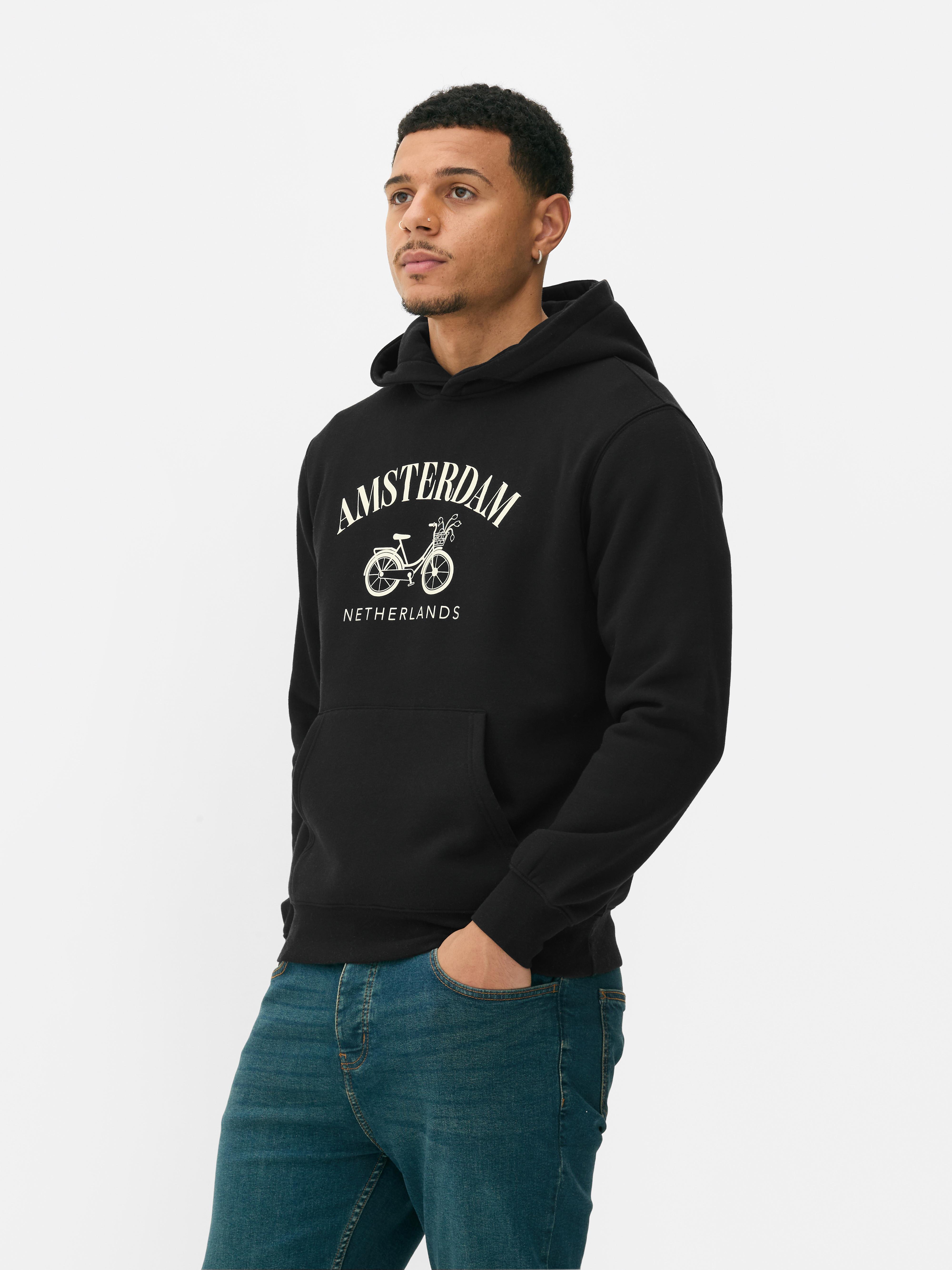 Hanorac cu imprimeu Amsterdam Hanorac casual din jerseu cu mâneci lungi, buzunar tip cangur și imprimeu contrastant Amsterdam pe piept