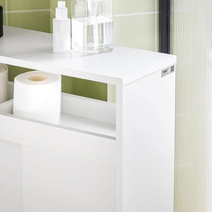 SoBuy Bathroom Toilet Cabinet on Wheels with 2 Sliding Doors and Open Shelf, Compact White Toilet Unit 70x71x20 cm