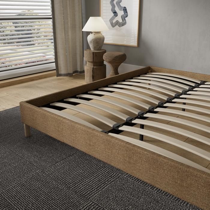 Cama con somier de láminas de 180 x 200 cm - Tapizada en tela marrón - Estable y robusta - Patas centrales reforzadas