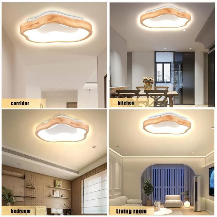 WOTTES Round Wooden LED Ceiling Light - Ø40*7.5CM - Warm White - Cloud-Shaped Wooden Ceiling Light - For Living Room, Kitchen, Bathroom