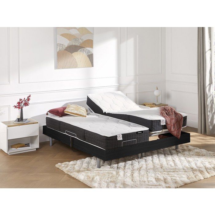Cama eléctrica de relajación con base de láminas + colchón de muelles ensacados y espuma viscoelástica - 2 x 80 x 200 cm - Negra - PHANES by YSMÉE