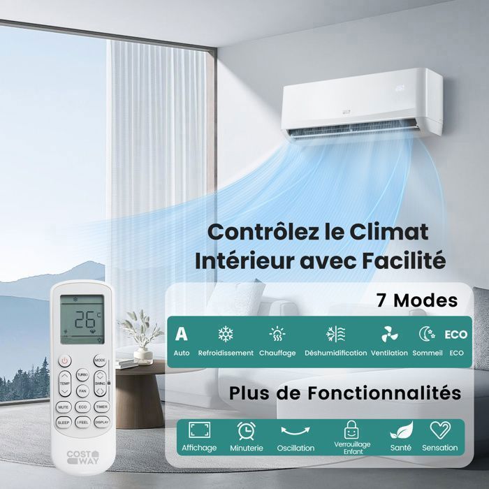 Costway 12000 BTU 3,4 kW Mono-Split fast klimaanlæg R32 - 16-31°C - Varmepumpe - 22㎡ - Komplet 4M tilslutningssæt - 24 timer - A++