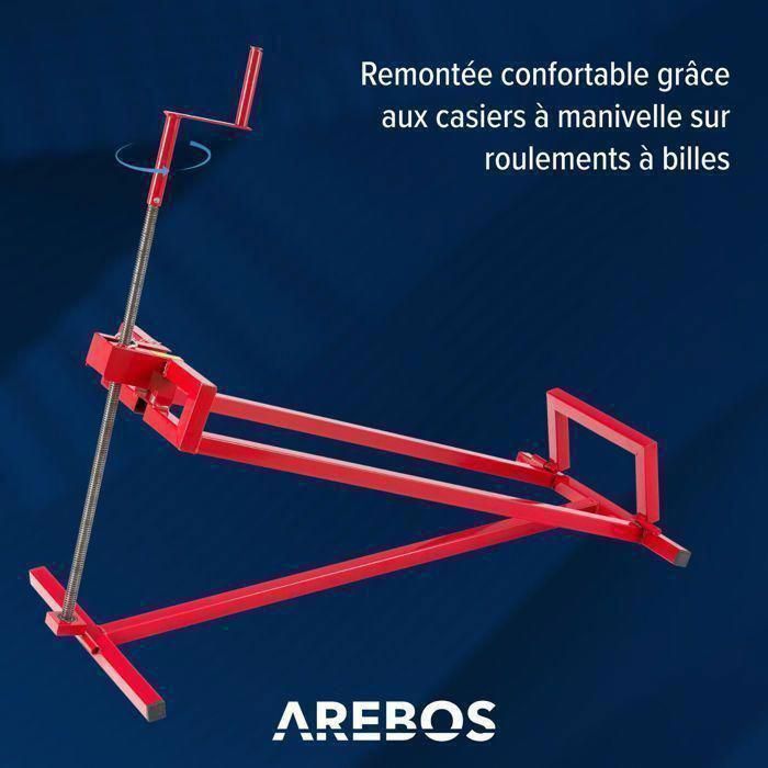 Elevador para tractor cortacésped AREBOS de 450 kg: altura ajustable, plegable, ángulo de hasta 45°, acero robusto, para cortacéspedes y quads.