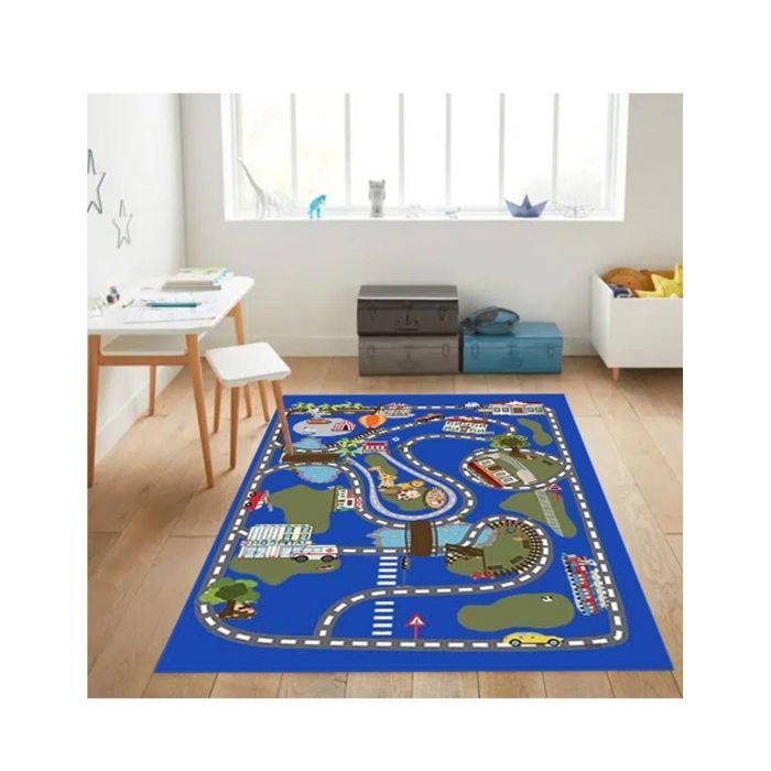 Tapis - DOT - Circuit de Voiture - Bleu - 120x160 cm - Antidérapant - Lavable en machine