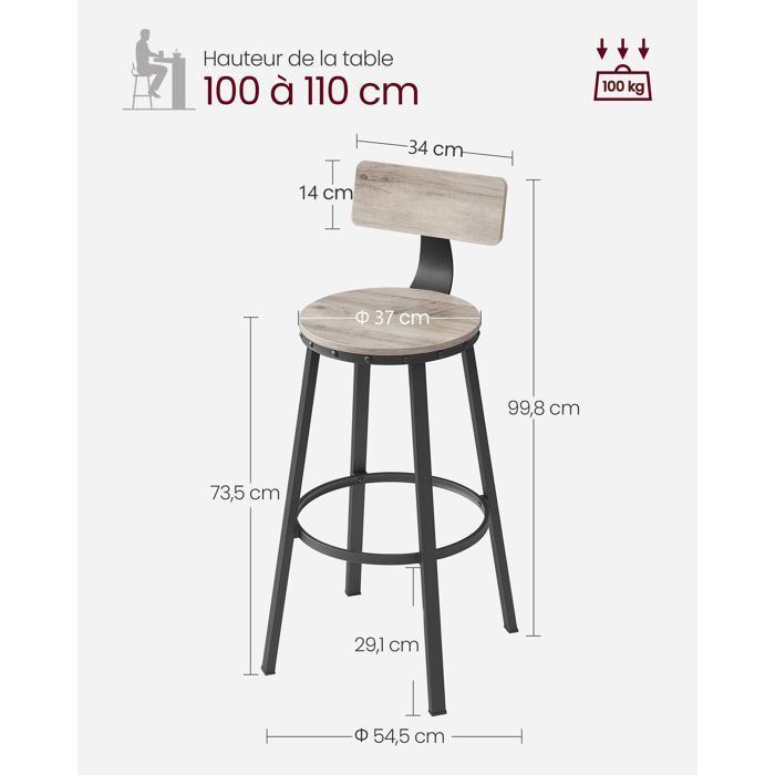 VASAGLE Lot de 2 Tabourets de bar, avec Dossier, Siège de Cuisine, Siège 73,5 cm de Haut, Style Industriel, Grège et Noir