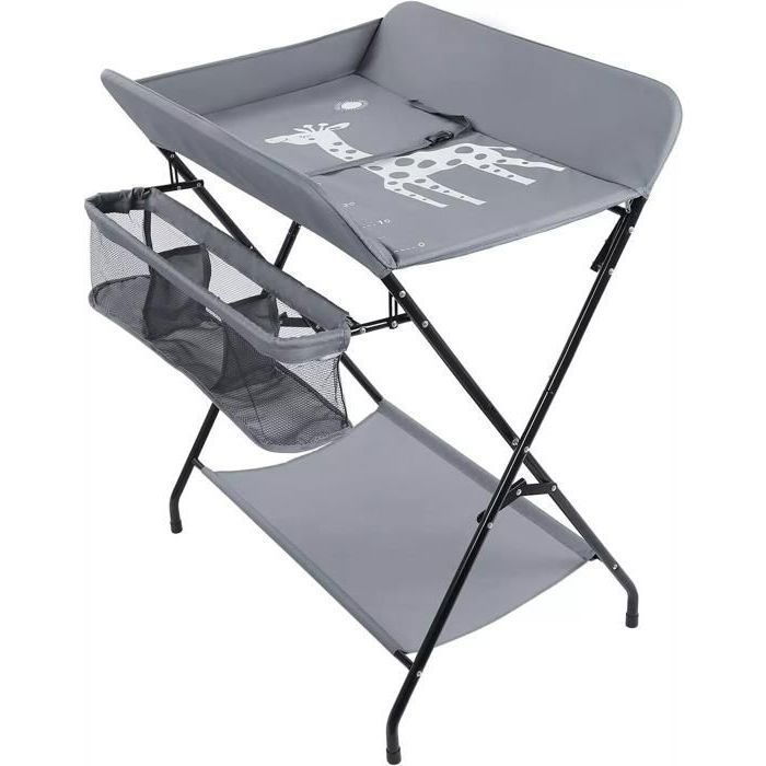 Table à langer pliable - Coussin de baignoire - Avec motif girafe, ceinture de sécurité et panier de rangement - 80 x 63 x 96 cm