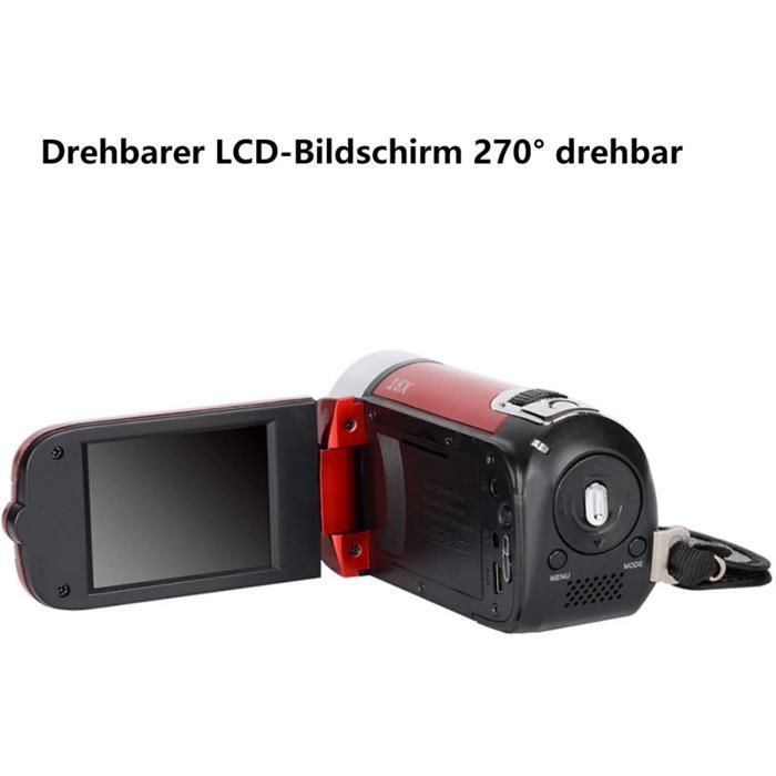 Videocámara digital, 16 MP, Full HD 1080p, zoom digital 16x, pantalla giratoria de 270°, color rojo.
