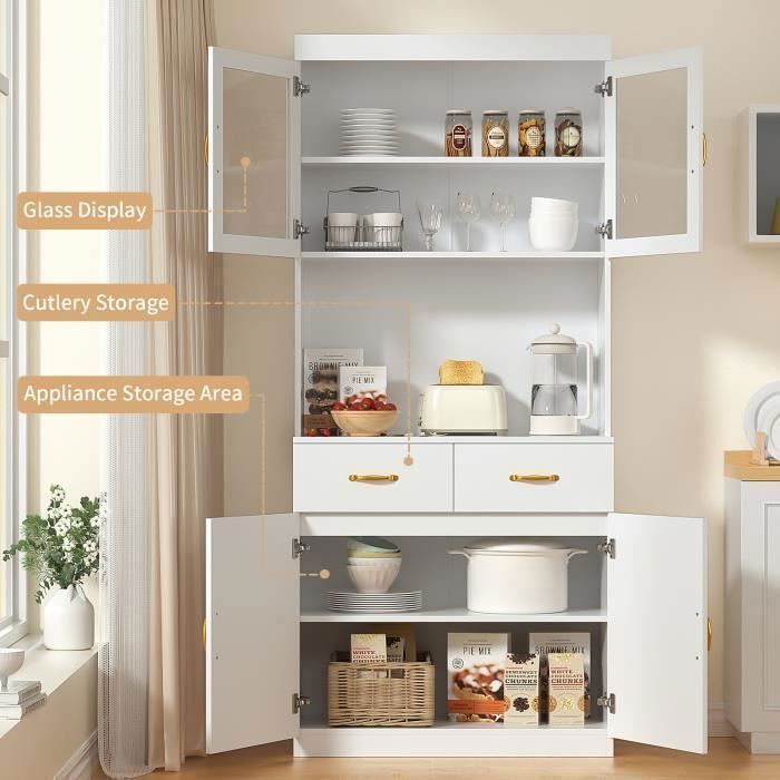 Buffet Cuisine - Armoire Meuble, - 2 Étagères Réglables - 2 Tiroirs - 80L x 40W x 180Hcm - Blanc