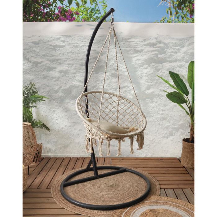 Sedia a dondolo - Home Deco Factory - Macramè - Stile bohémien - Beige
