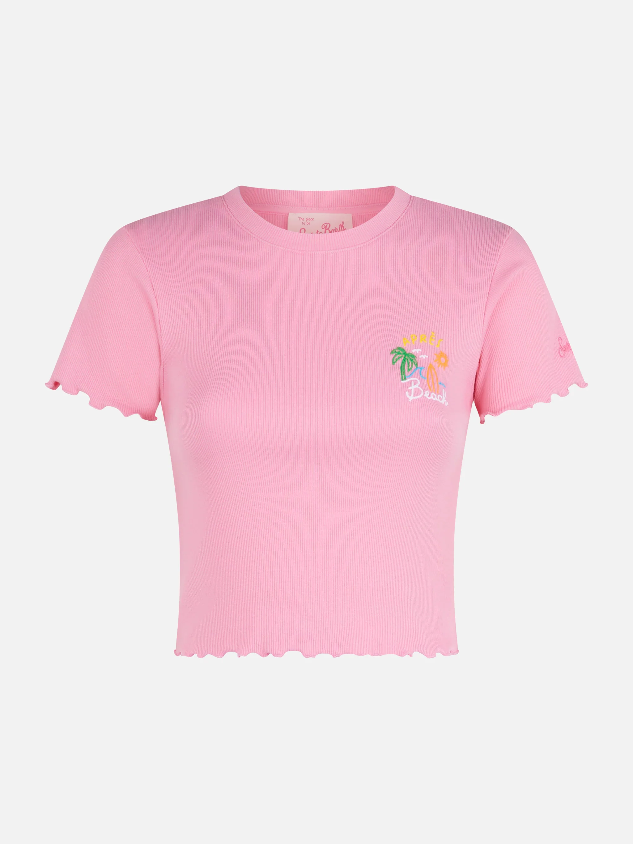 Geribbeld Après Beach T-shirt voor dames met borduursel