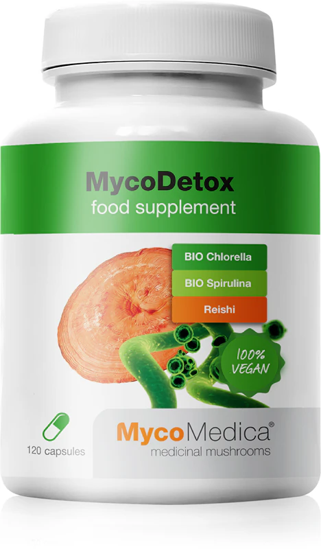 Cápsulas do suplemento alimentar MycoMedica MycoDetox para desintoxicação do organismo e fortalecimento do sistema imunológico.