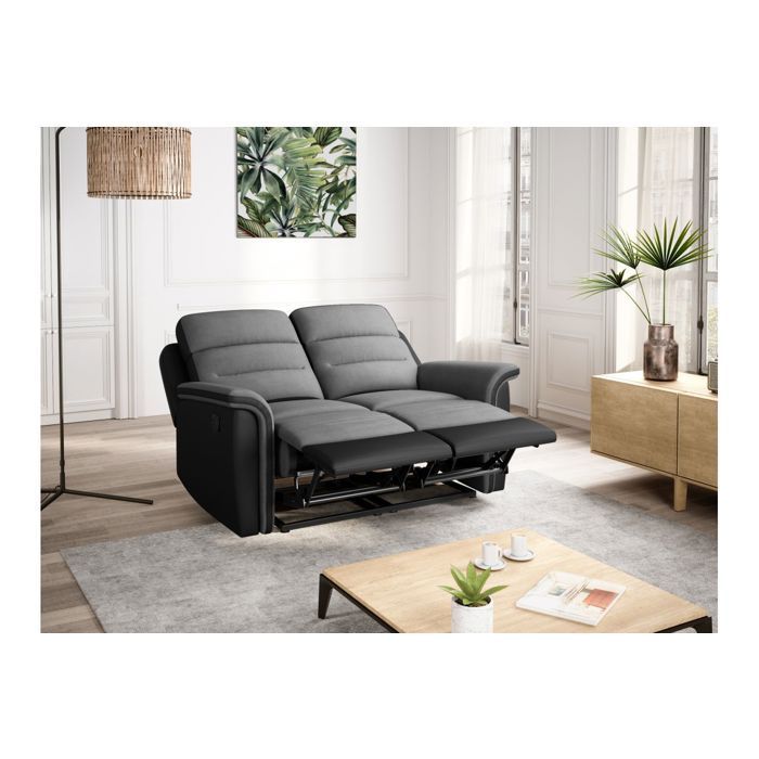 Conjunto LOUNGITUDE LÉON com sofá reclinável de 2 lugares + poltrona manual em microfibra e couro sintético, cinza/preto.