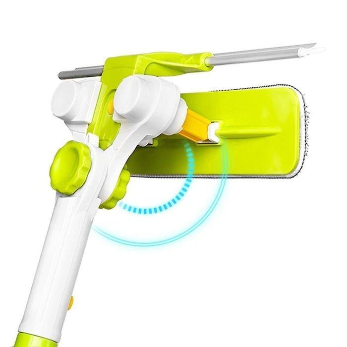 Limpiacristales con mango telescópico, extensible en un ángulo preciso, y rasqueta exterior de doble cara.