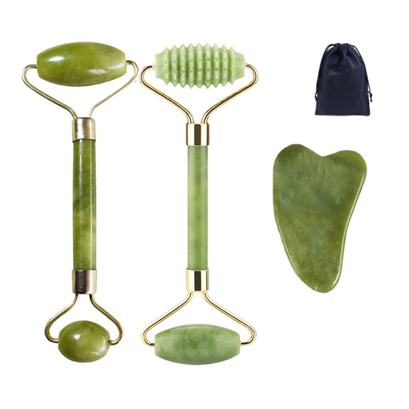 Natural Beauty Double Thorn Head Roller Jade Roller Facial Massage Stones for Face Neck Back Jawline Relaxation Slimming set