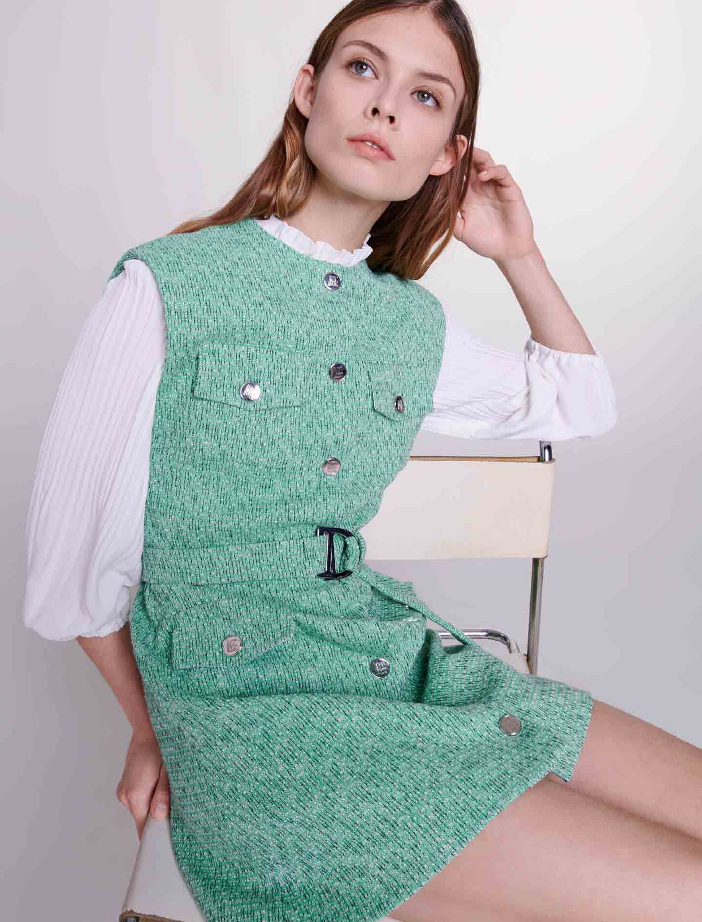 Rochie din tweed bimaterial - Vert