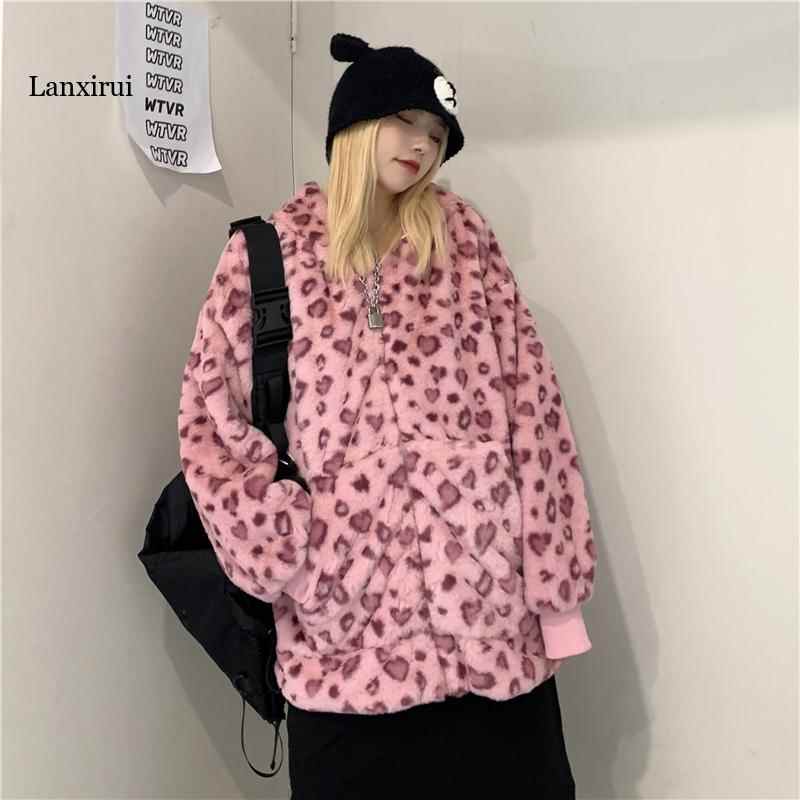 Giacca leopardata rosa da donna, cappotto con cappuccio in pelliccia sintetica, felpa oversize con stampa animalier