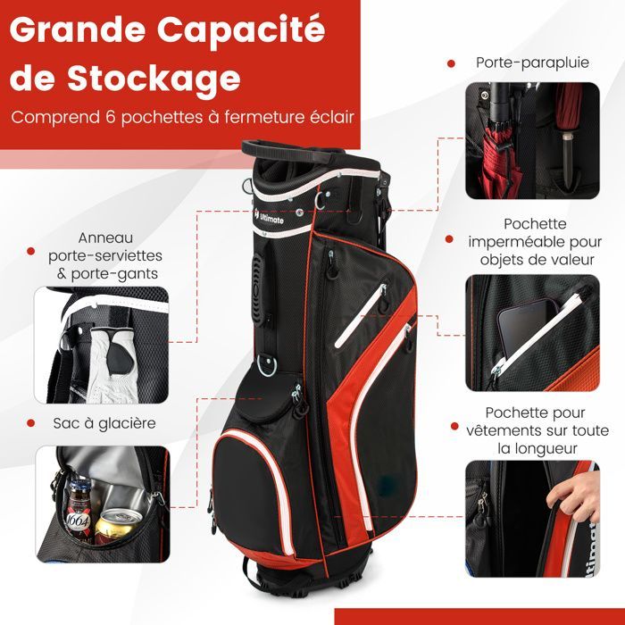 COSTWAY Tripod Golf Bag - Rainproof Hood - 14-Way Top Dividers - 6 Pockets - Insulated Bag - Double Straps - Red
