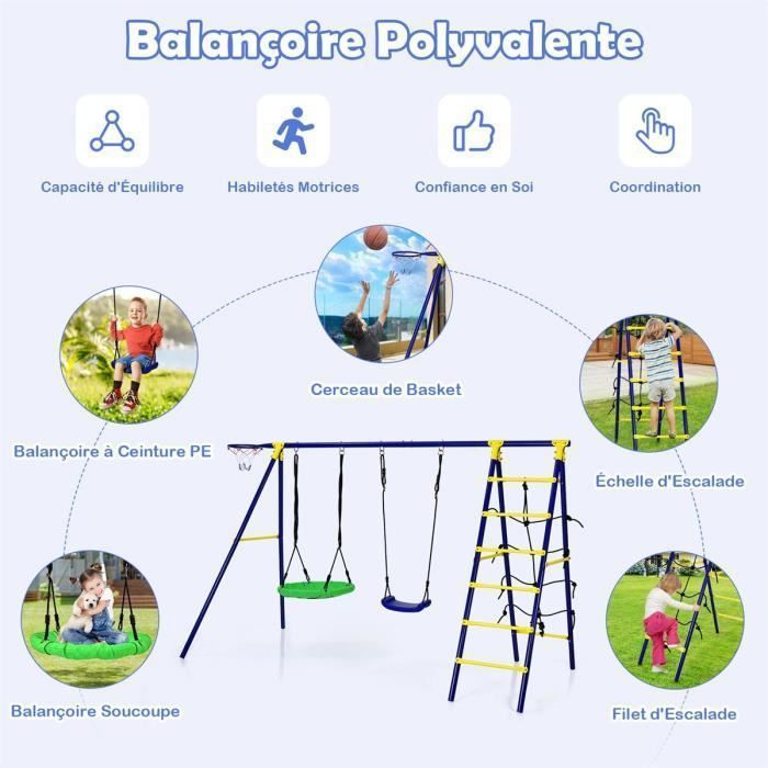 COSTWAY Children's Swing Set with 2 Swings (5-in-1), Basketball Hoop, Climbing Net, and 1 Climbing Ladder (A-Shape) - 75kg Load Capacity