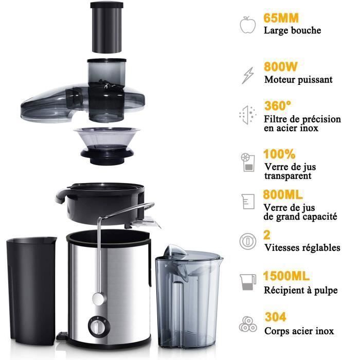 Spremiagrumi da 800 W - LEXLIFE - Centrifuga per frutta a 2 velocità - Bocchetta di alimentazione da 65 mm, caraffa per succo da 800 ml - Nero