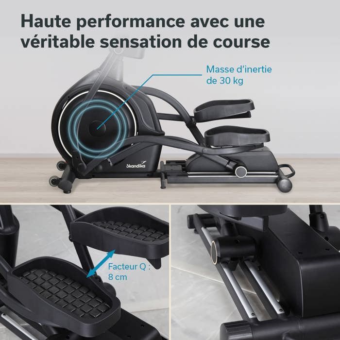 Vélo elliptique connecté - Skandika Carbon P30-S Touchscreen - Inertie 30kg - inclinaison réglable - app préinstallées