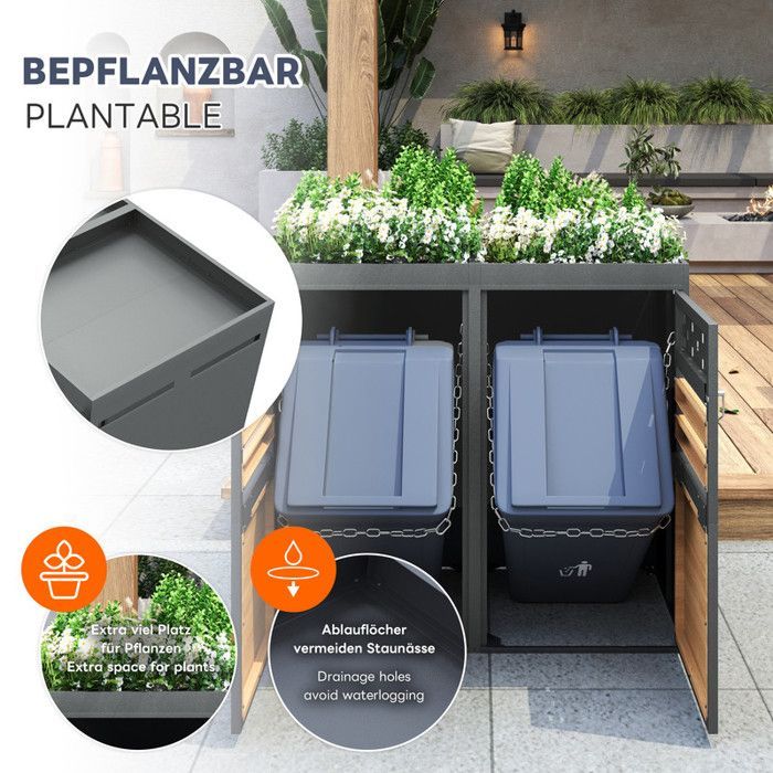 Contenitore esterno per bidoni della spazzatura - 4x120-240L - Acciaio zincato - Tetto piantumabile - Antiruggine