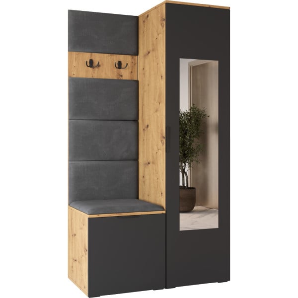 Garderoba z lustrem NELA 1 dąb artisan / czarny lewa