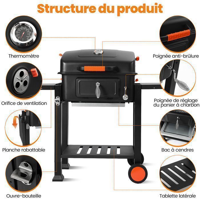 Barbecue Charbon de Bois avec Couvercle, Thermomètre, Bac à Charbon Réglable, 2 Tablettes Rabattable, Brosse de Nettoyage