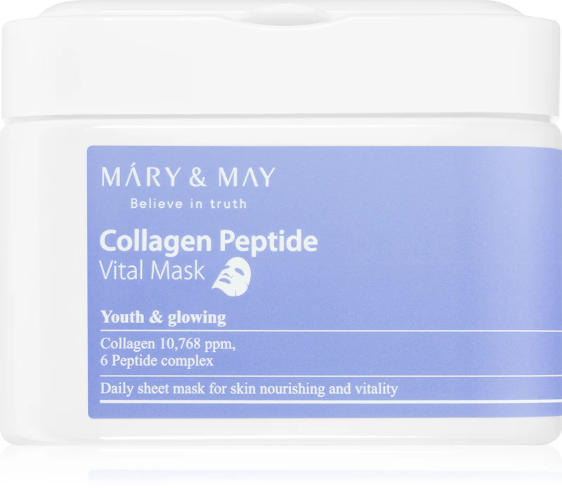 Conjunto de máscaras de tecido antirrugas Mary&May Collagen Peptide Vital Mask.