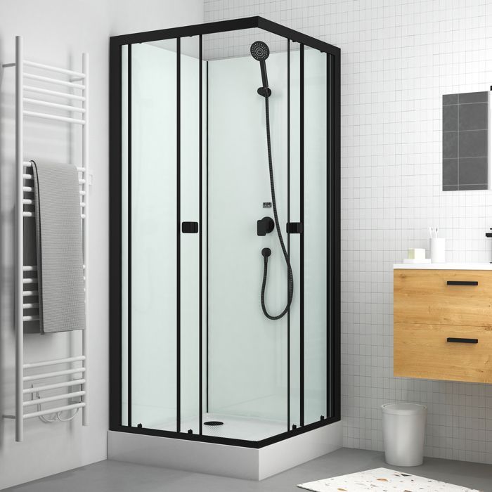 Vierkante douchecabine 80x80x200 cm - Schuifdeuren - Witte achterwand & Matzwarte profielen