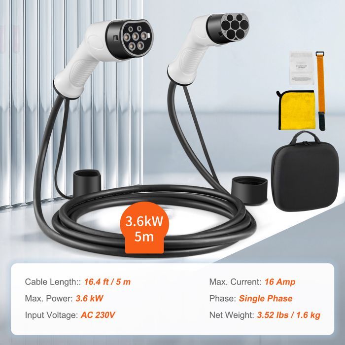 Cavo di ricarica Duoku-EV Tipo 2 16 A-3,6 kW-5 metri monofase-impermeabile IP66-con borsa per il trasporto
