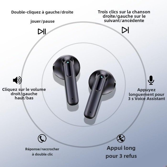 FINGERTIME Wireless Bluetooth 5.3 Earbuds with 48-Hour Battery Life, LED Display, Stereo Sound, IPX7 Waterproof, and Built-in Microphone, Black