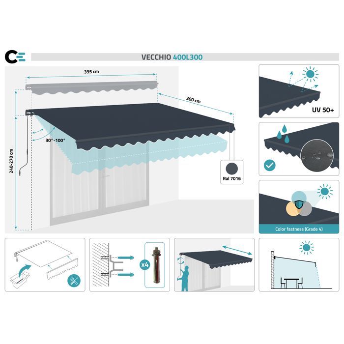 Manuelle Markise - Cazeboo - VECCHIO - 4x3m - Premium-Gewebe 320g/m² - Grau - UV-beständig - Abdeckungsbereich 12m²