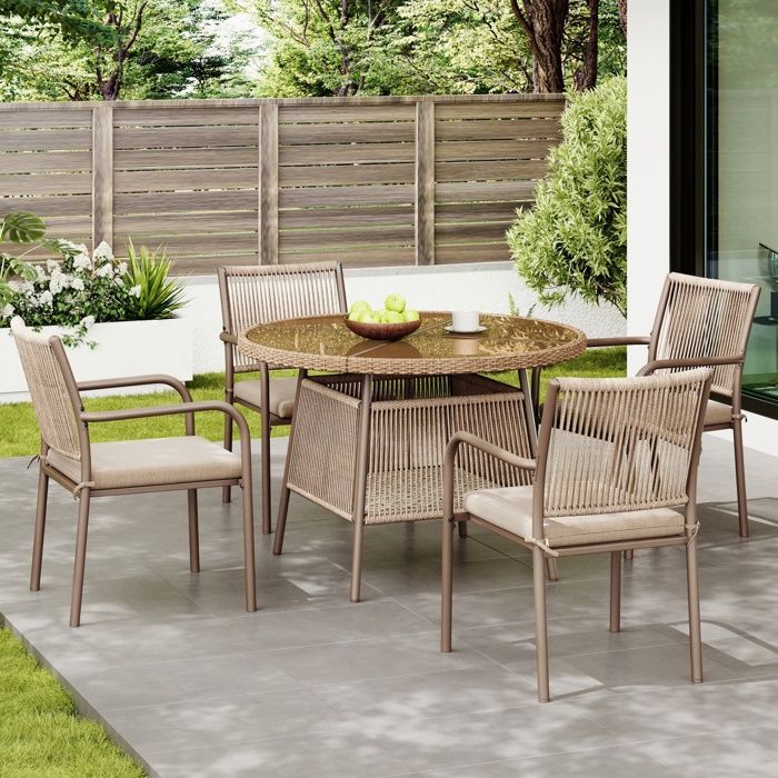 Conjunto de jardín moderno de ratán – Mesa redonda de cristal + 4 sillones, estructura de hierro, para patio o balcón – MARRÓN
