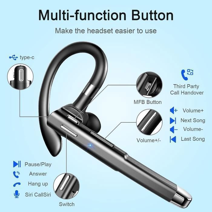 Fone de ouvido Bluetooth - BIENCOME - Modelo intra-auricular - 180 horas em standby - 35 horas em conversação - Cancelamento de ruído
