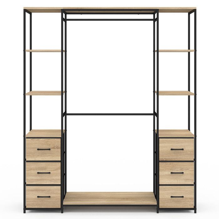 IDMARKET Dressing double penderie + double colonne L. 140 cm UTAH avec 6 étagères et 6 bacs en tissu bois et noir