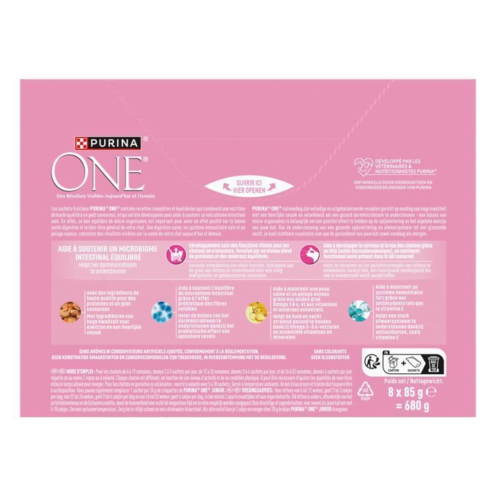 Alimento para gatos PURINA ONE Junior - De 1 a 12 meses - Desmenuzado en salsa de salmón o pollo - 8 x 85 g - Bolsita para gatitos (Paquete de 10)