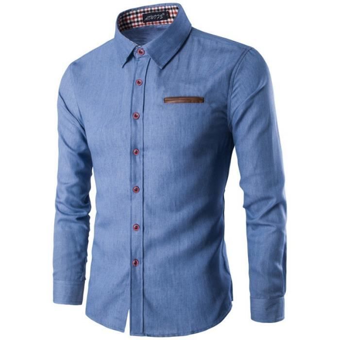 Camisa vaquera para hombre, manga larga, cuello vuelto, corte ajustado, primavera - Azul claro
