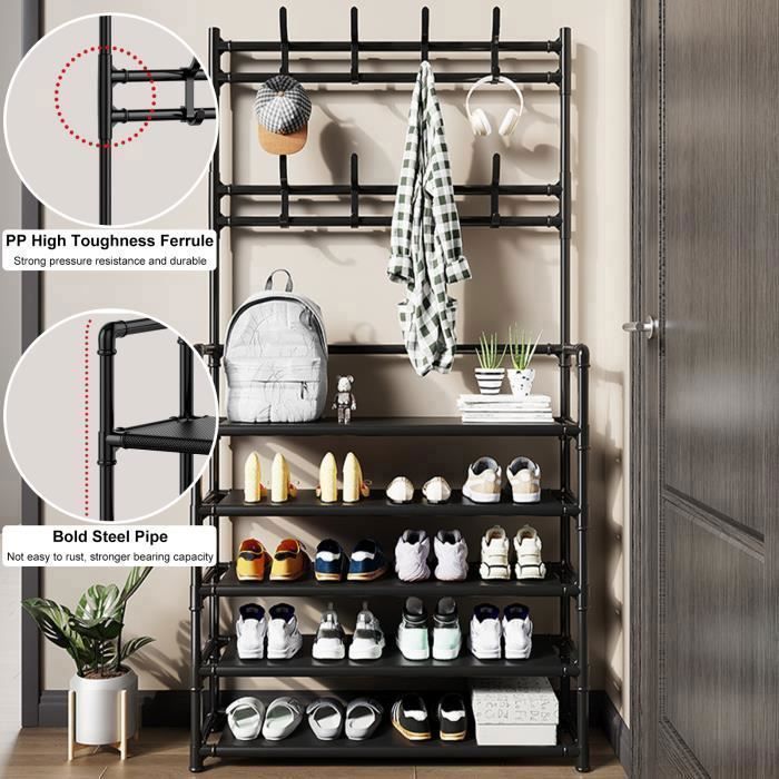 Coat Rack - FLASIDU - Black Model - 8 Hooks - 5 Shoe Shelves - 80x26x172cm