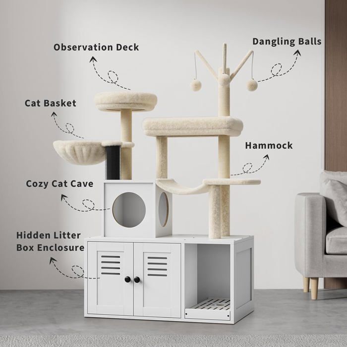 Árbol para gatos con arenero, unidad de baño de madera para gatos con torre, poste rascador, percha y plataformas - Blanco
