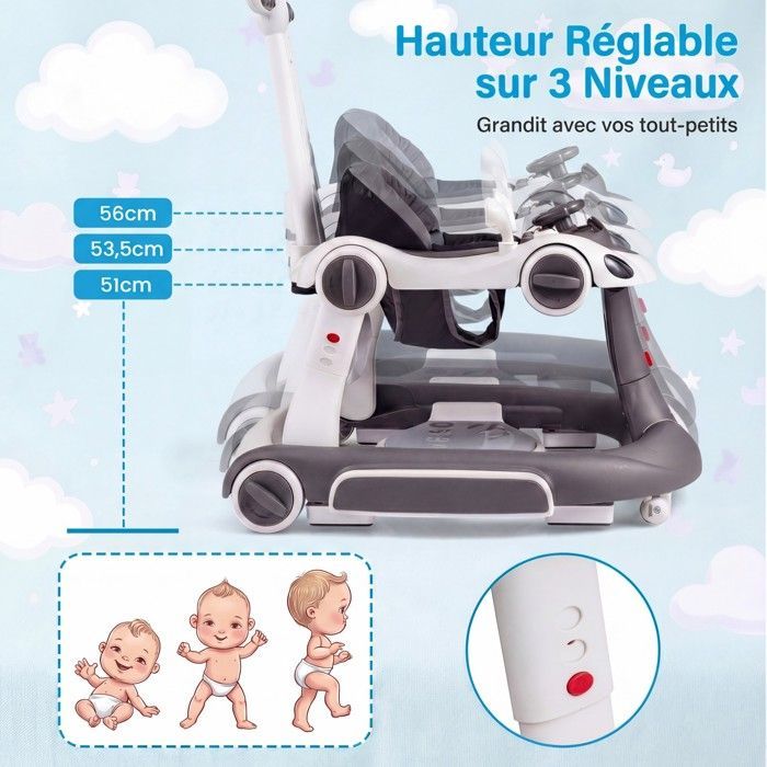 Andador convertible para bebé COSTWAY 7 en 1 - Altura y velocidad ajustables - Luces y música - Asiento extraíble y antivuelco - Gris y blanco