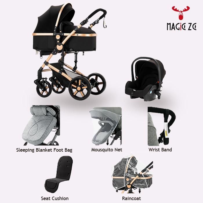 MagicZC Poussettes nouveau né,bebe 3 en 1,pour 0-3 ans,convertible Nacelle,siege auto,Position Allongée,or noir