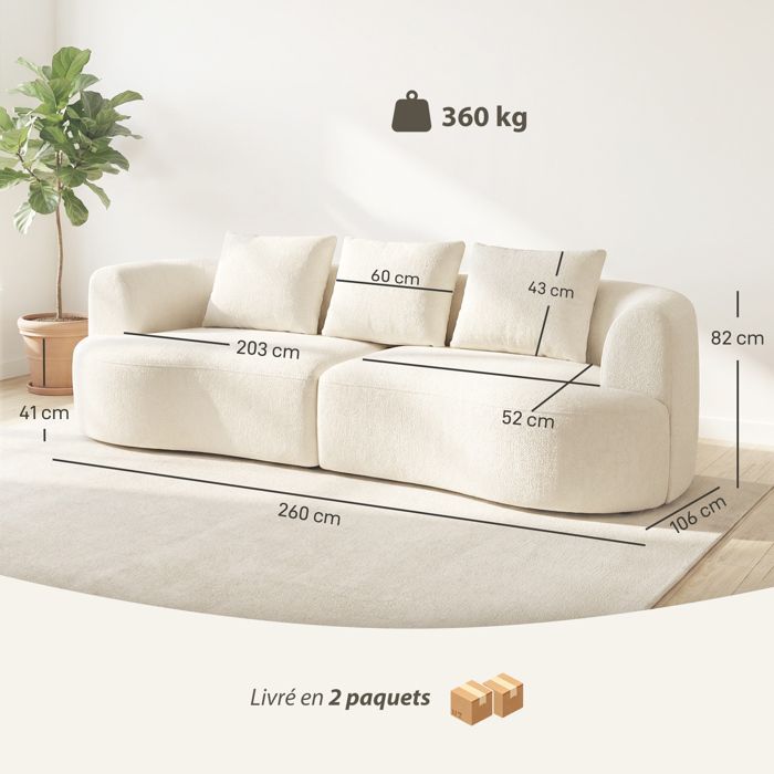 Sofá de 3 plazas - HOMCOM - asiento ancho, 3 cojines - totalmente comprimido, no requiere montaje - tejido de chenilla - 260 cm - color crema