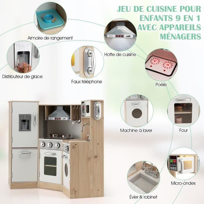 Cocina infantil de madera DREAMADE con horno, microondas, lavadora, máquina de hielo, sonidos y luces.