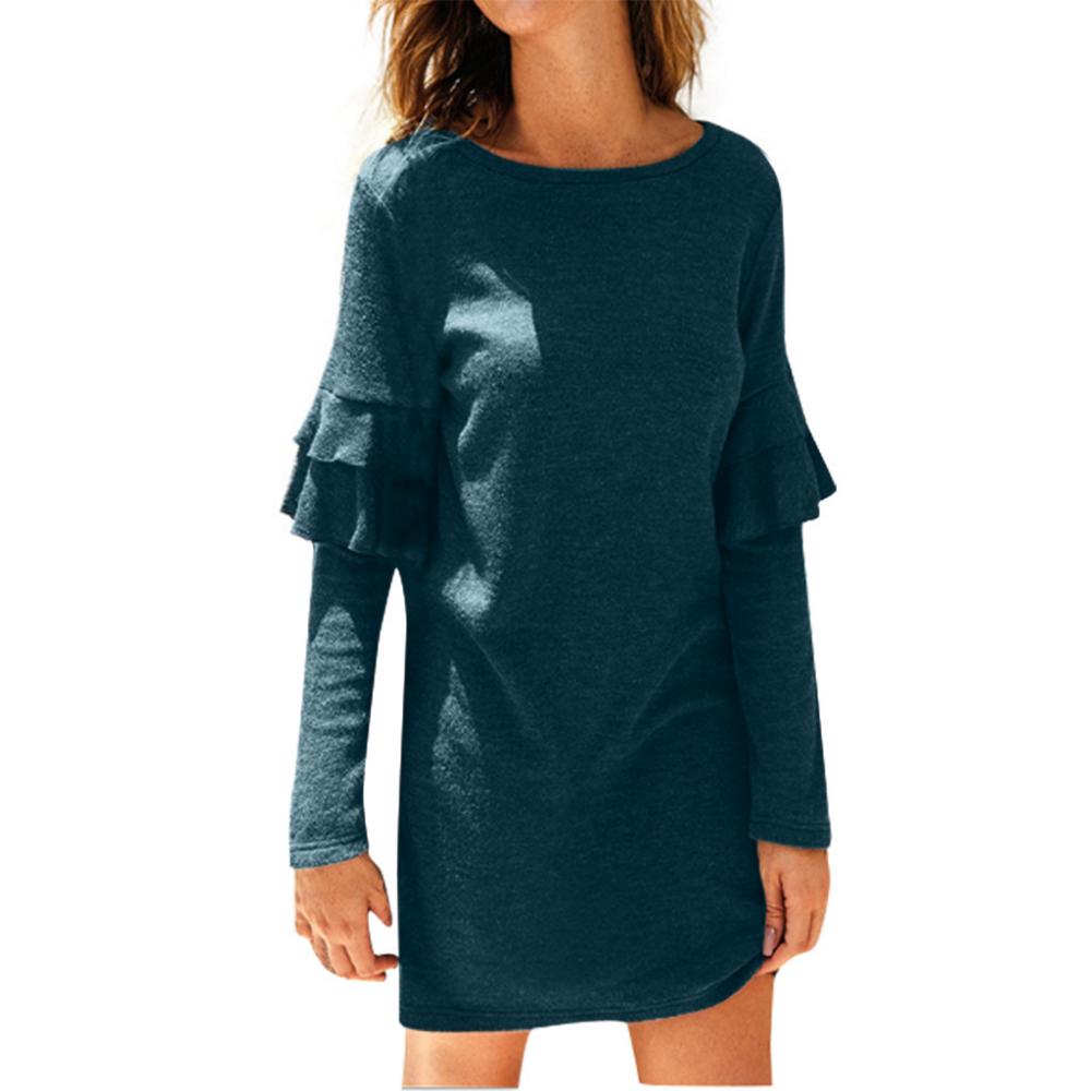 Robe d'automne 2019 pour femme, col rond, fausse robe deux pièces à manches longues et volants, couleur unie, robe d'été, Vestidos De Festa#3
